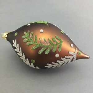 BRONZE TEARDROP BAUBLE WITH GREEN AND SILVER LEAF DECORATION