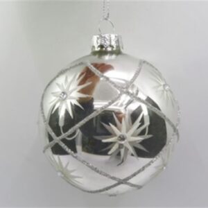 SILVER GLASS AND WHITE STARS BAUBLE WITH JEWELS, 8CMS