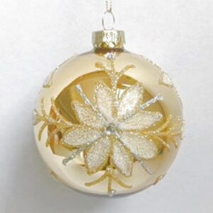 Gold glass with flower pattern bauble, gold and silver glitter, 8cms