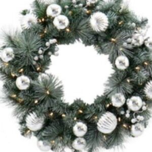 Frosted pine and silver bauble wreath, 61cms