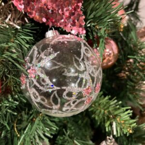 *Gisela Graham Clear Glass Bauble with Pink gem flowers and silver glitter bauble