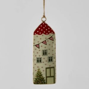 Red and white Village enamel house tree decoration