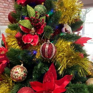 Hand decorated red glass bauble with gold detailing