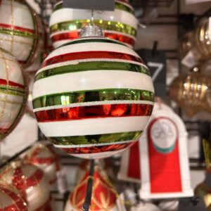 White glass bauble with red and green stripe, XL