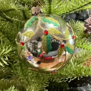 *Green with glitter holly design and red jewels bauble Gisela Graham Collective