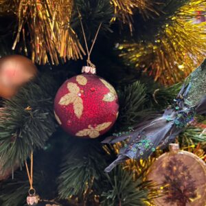 Red and gold glitter bauble with holly and ivy design - Gisela Graham collectable