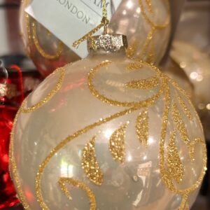 White gold pearlescent bauble with gold glitter swirls - Gisela Graham