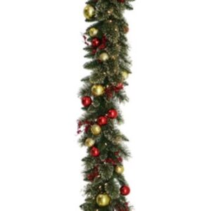 Dakota Pine Garland with LED lights and decorated with gold/red baubles, berries, 274cms