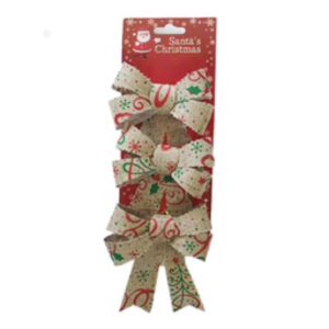 Burlap bows with red and green christmas glitter motif, set of 3