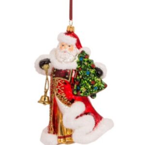 *Santa with tree and bell glass ornament, 18.5cms, hand painted