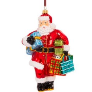 Santa carrying presents and bags glass ornament, 19cms, hand painted