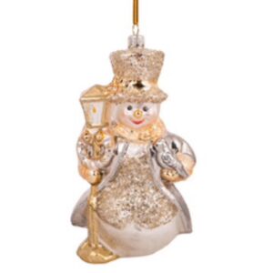 *Snowman with lantern in gold glass ornament, 13cms, hand painted