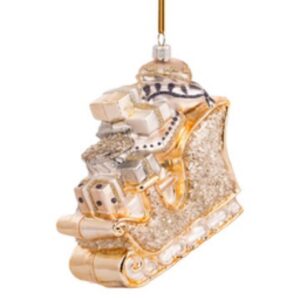 *Sleigh with gifts glass ornament in gold, 12cms, hand painted