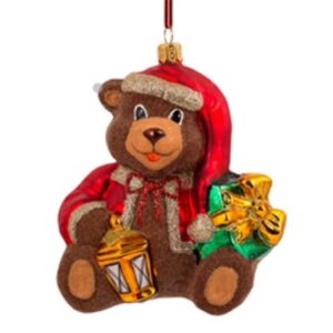 *Teddy Bear with lantern and bow glass ornament, 11cms, hand painted