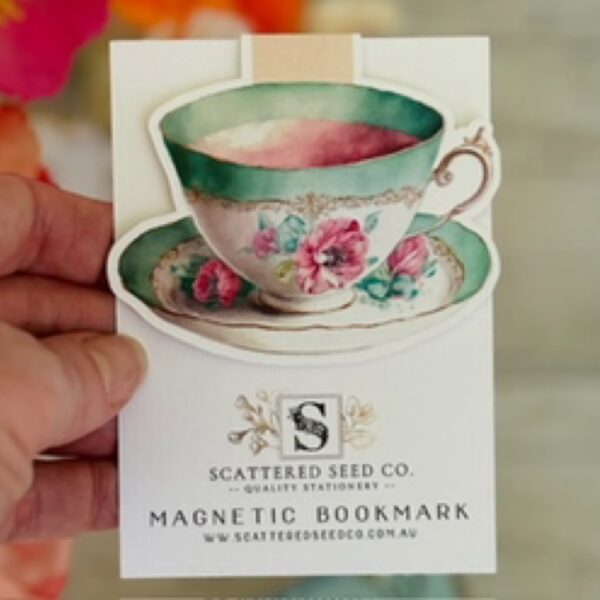 Aqua Pink Vintage Teacup Magnetic Bookmark