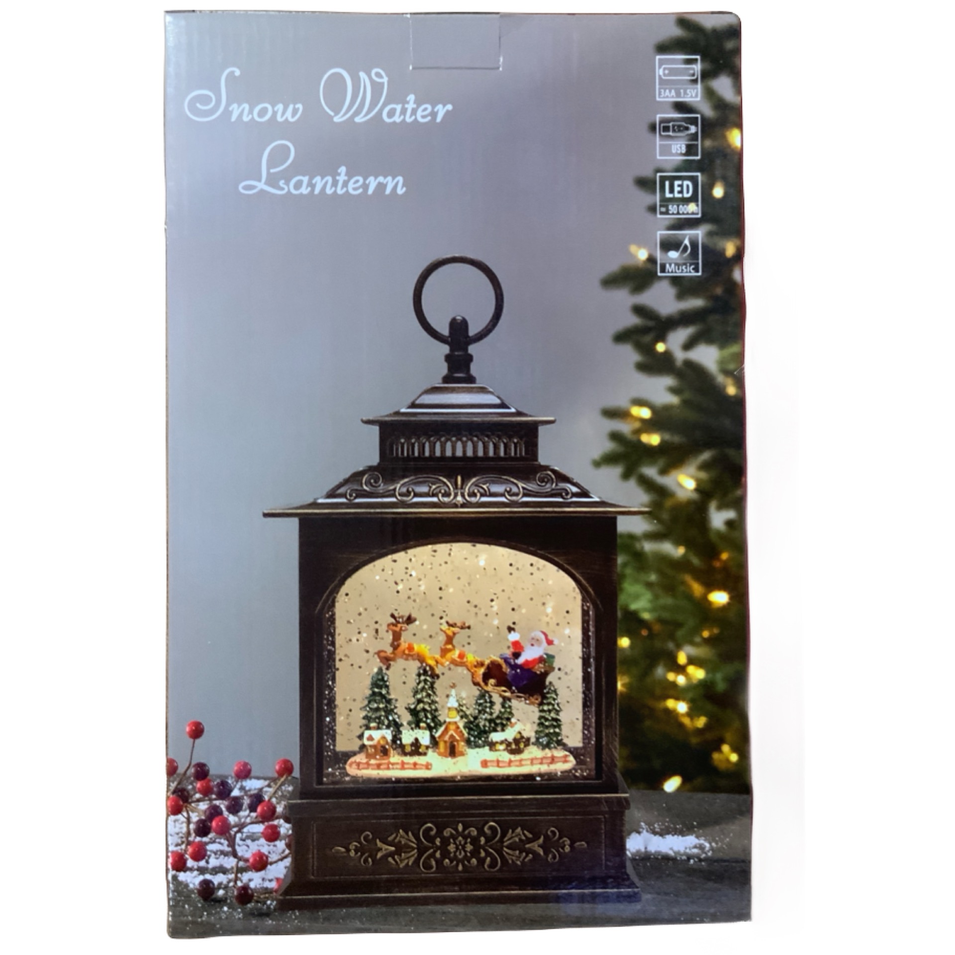 *Light-Up Christmas Lantern – Snowing Santa Sleigh - Reindeer's Retreat
